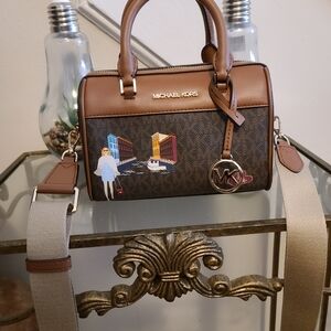 Michael Kors Brown and Tan Logo Satchel with City Print